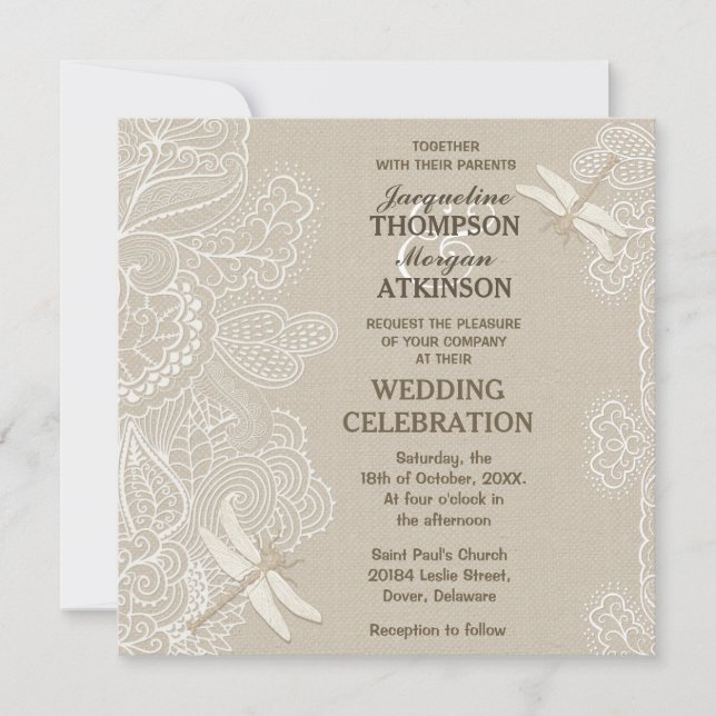 Burlap et dentelle Faire-part de mariage rustique (Devant)