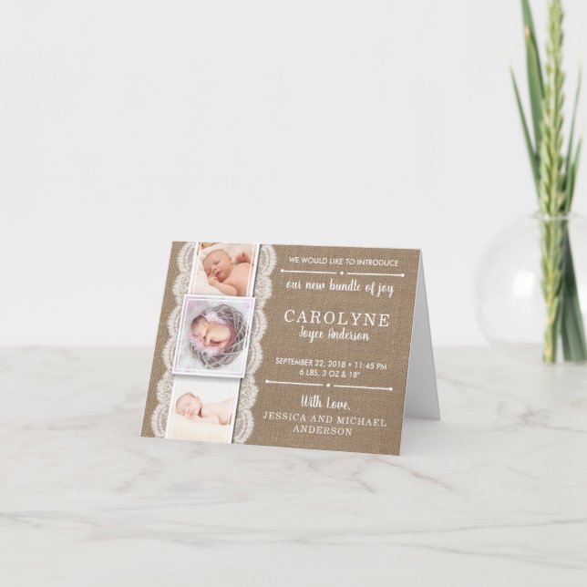 Burlap et dentelle rustique | 3 Faire-part de nais (Devant)