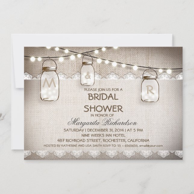 burlap et mason jars invitations à la douche nupti (Devant)