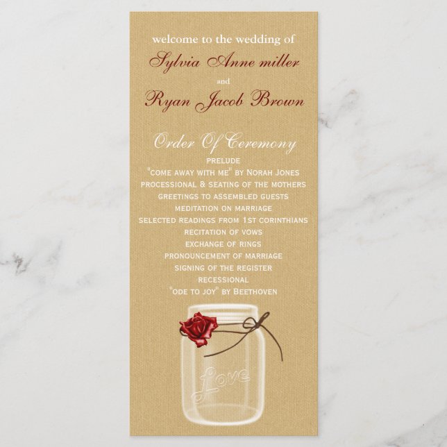 burlap et rouge rose mason programme de mariage (Devant)