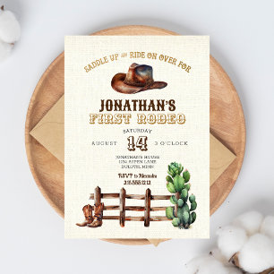 Burlap Faux Gold Cowboy First Rodeo  Invitation