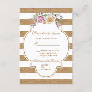 Burlap Floral Rustique rayures Mariage RSVP