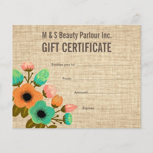 Burlap Floral Salon Certificat Cadeau Modèle (Devant)