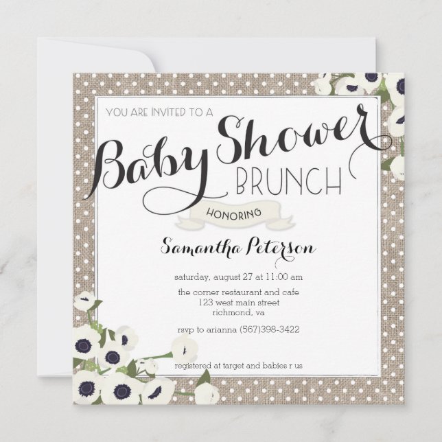 Burlap Flowers Baby Shower Brunch Invitation (Front)