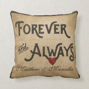 Burlap Forever Always Heart Personalized Throw Pillow