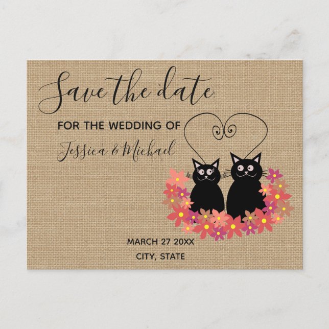 Burlap funny cute  cartoon cats save the date announcement postcard (Front)