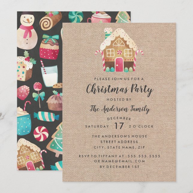 Burlap Gingerbread House Christmas Party Card (Front/Back)