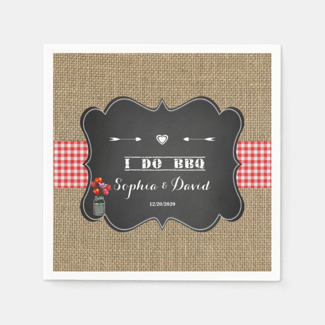 Burlap Gingham and Chalkboard I DO BBQ Custom Napkin (Front)