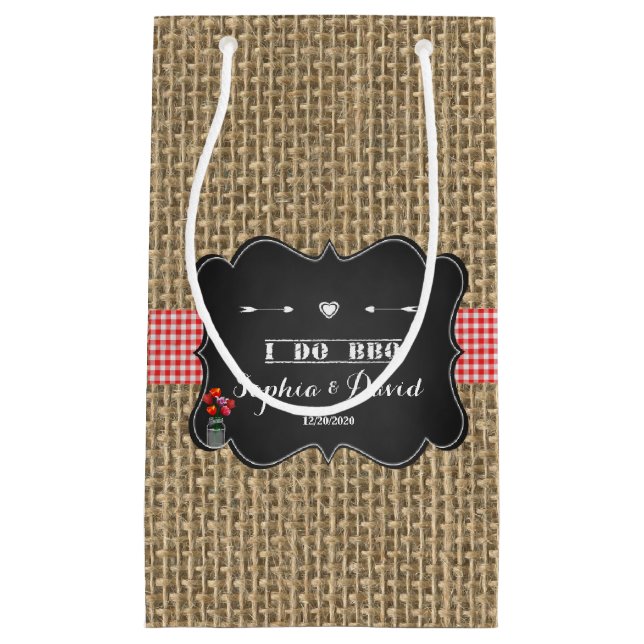 Burlap Gingham and Chalkboard I DO BBQ Custom Small Gift Bag (Front)