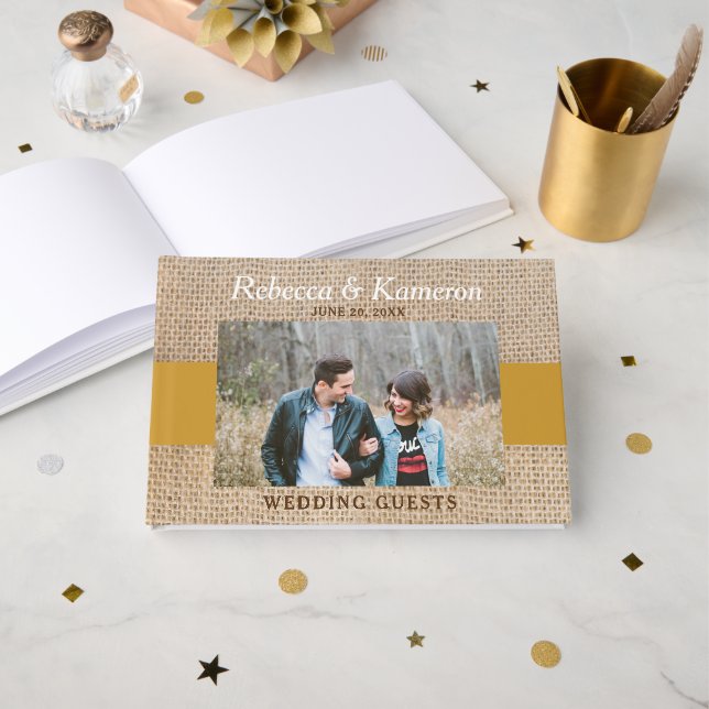 Burlap & Gold Photo Wedding Guest Book (Front Open)