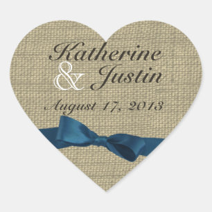 Burlap Heart and Dark Blue Bow Sticker