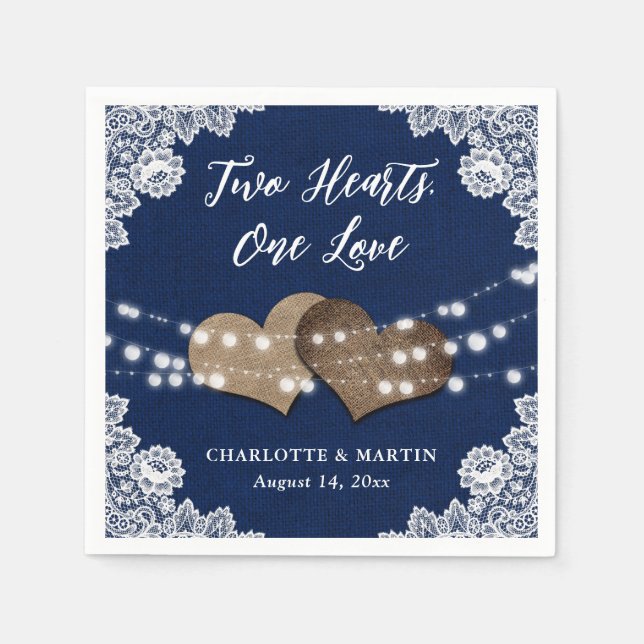 Burlap Hearts Lace Rustic Navy Blue Wedding Napkin (Front)