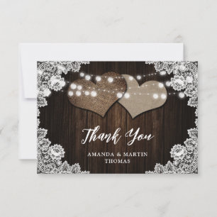 Burlap Hearts Lace Wood String Lights Wedding Thank You Card