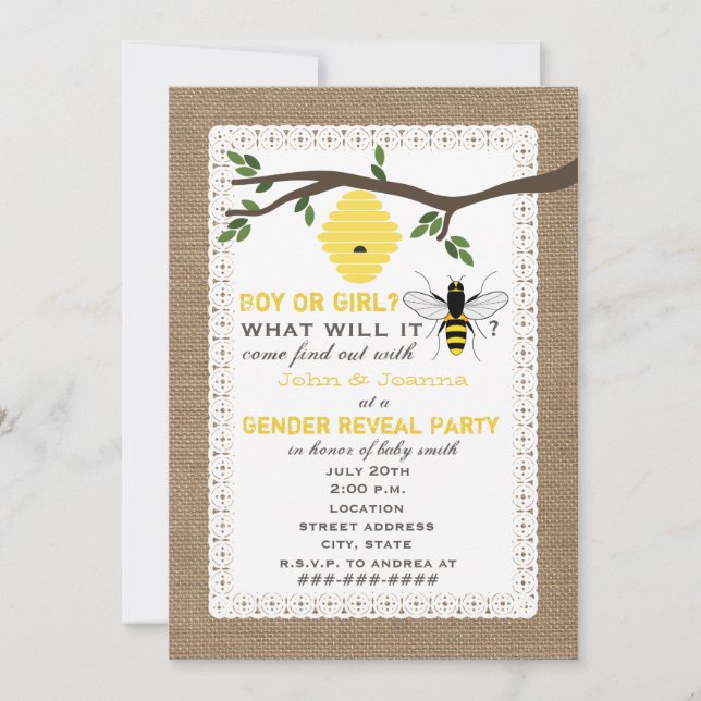 Burlap Inspired Bee Themed Gender Reveal Party Invitation (Front)