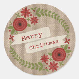 Burlap Inspired Floral Wreath Christmas Classic Round Sticker