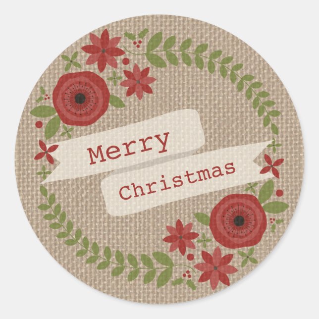 Burlap Inspired Floral Wreath Christmas Classic Round Sticker (Front)