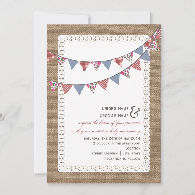 Burlap Inspired Gingham & Floral Bunting Wedding Invitation (Front)