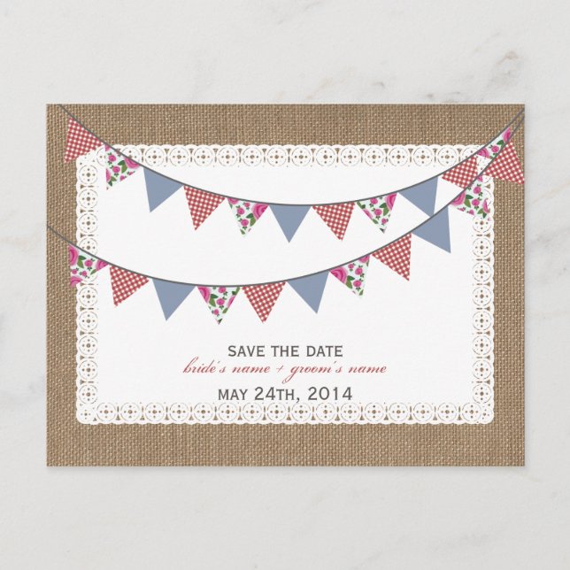 Burlap Inspired Gingham Floral Flags Save The Date Announcement Postcard (Front)