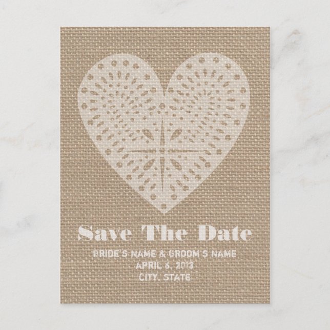 Burlap Inspired Heart Wedding Save The Date Announcement Postcard (Front)