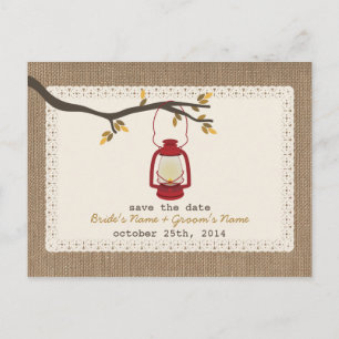 Burlap Inspired Lantern Fall Wedding Save The Date Announcement Postcard