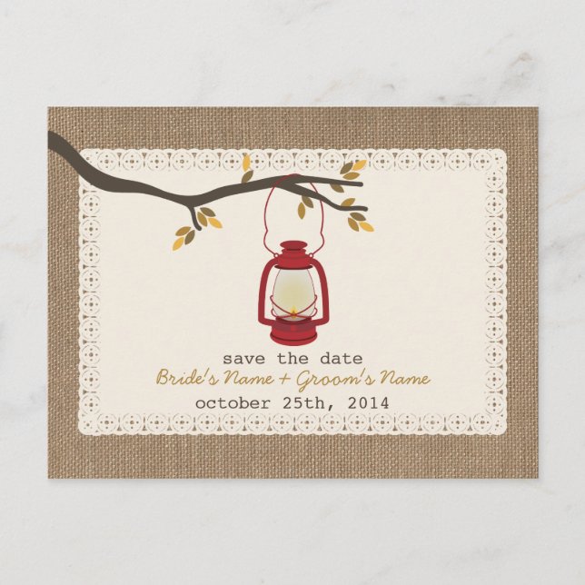 Burlap Inspired Lantern Fall Wedding Save The Date Announcement Postcard (Front)