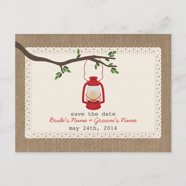 Burlap Inspired Lantern Wedding Save The Date Announcement Postcard (Front)