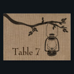 Burlap Inspired Lantern Wedding Table Number Card<br><div class="desc">A wedding table number card featuring an illustration of an oil lantern hanging from a tree branch over a burlap inspired background.  Personalize the number before you order.</div>