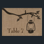 Burlap Inspired Lantern Wedding Table Number Card<br><div class="desc">A wedding table number card featuring an illustration of an oil lantern hanging from a tree branch over a burlap inspired background.  Personalize the number before you order.</div>