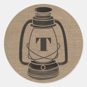 Burlap Inspired Monogram Oil Lantern Classic Round Sticker