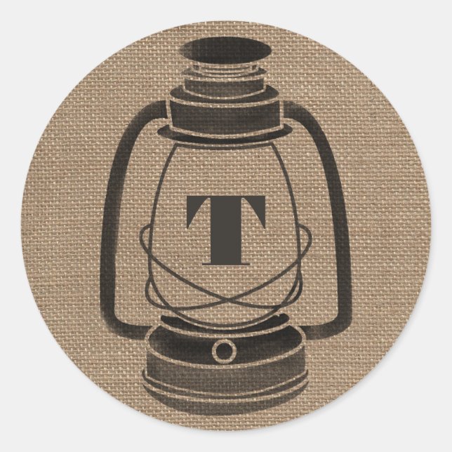 Burlap Inspired Monogram Oil Lantern Classic Round Sticker (Front)