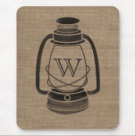 Burlap Inspired Monogram Oil Lantern Mousepad<br><div class="desc">A mousepad featuring an all black illustration of a camping style oil lantern over a burlap inspired background.  Personalize with your monogram.</div>