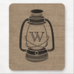 Burlap Inspired Monogram Oil Lantern Mousepad<br><div class="desc">A mousepad featuring an all black illustration of a camping style oil lantern over a burlap inspired background.  Personalize with your monogram.</div>