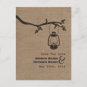 Burlap Inspired Oil Lantern Rustic Save The Date Announcement Postcard