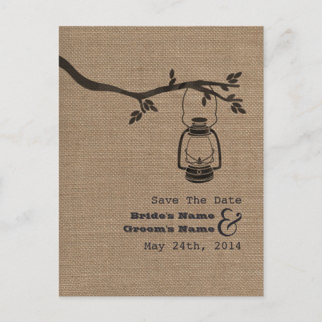 Burlap Inspired Oil Lantern Rustic Save The Date Announcement Postcard (Front)