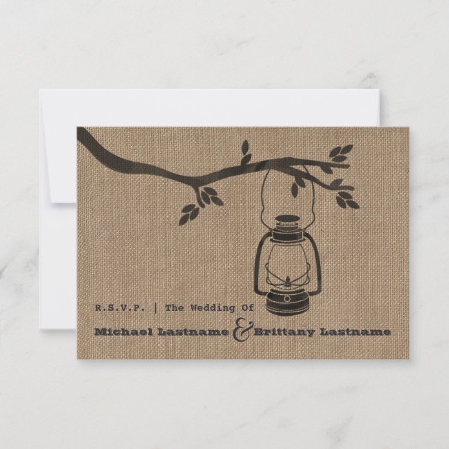 Burlap Inspired Oil Lantern Wedding R.S.V.P. RSVP Card (Front)
