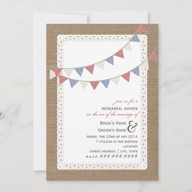 Burlap Inspired Patterned Bunting Rehearsal Dinner Invitation (Front)