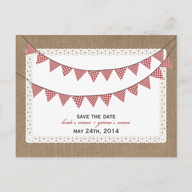 Burlap Inspired Red Gingham Flags Save The Date Announcement Postcard (Front)
