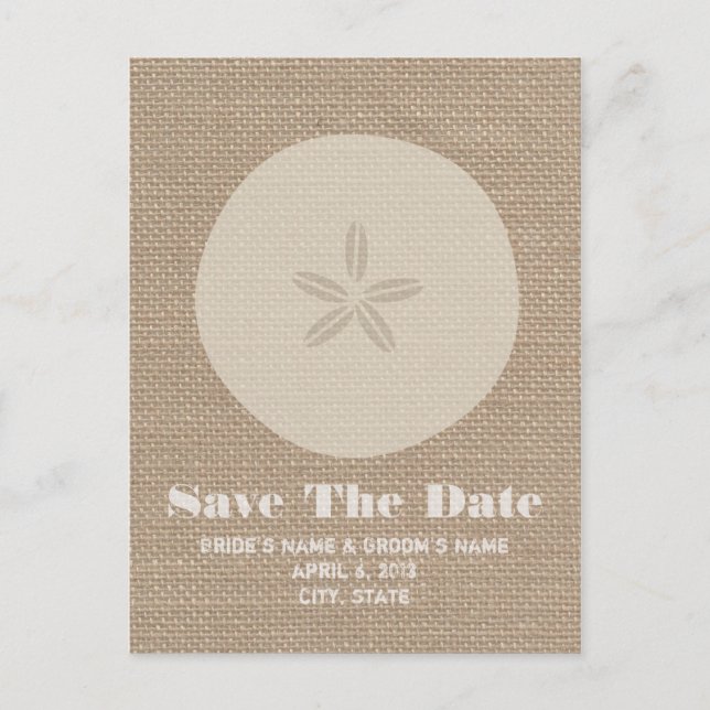 Burlap Inspired Sand Dollar Wedding Save The Date Announcement Postcard (Front)