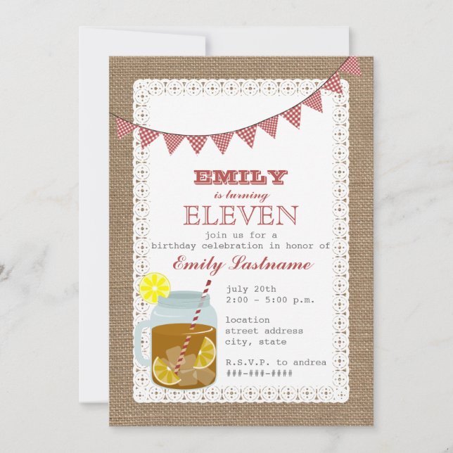 Burlap Inspired Sweet Tea Birthday Invitation (Front)