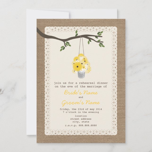 Burlap Inspired Tin Can Of Wildflower Rehearsal Invitation (Front)