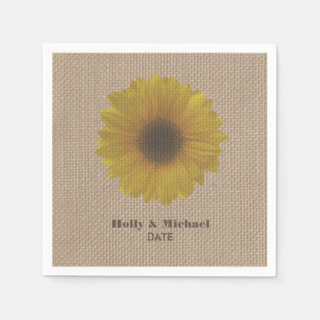 Burlap Inspired Yellow Sunflower Wedding Napkins (Front)