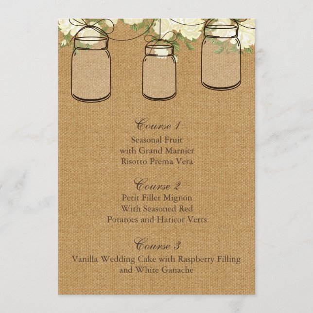 burlap ivoire roses mason jarre mariage cartes men (Devant)