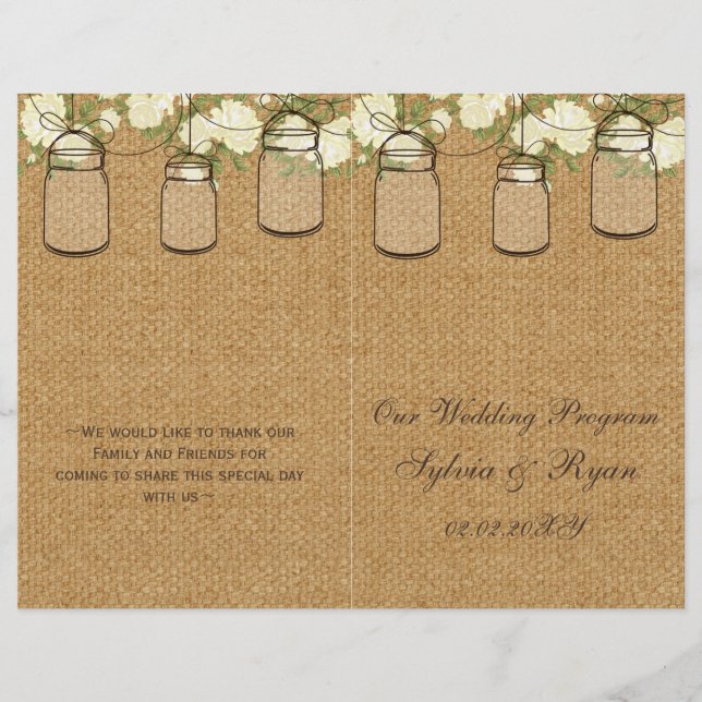 burlap ivoire roses mason jarres programmes pliés (Devant)