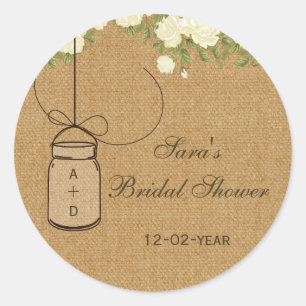 burlap ivory rose mason jar bridal shower stickers