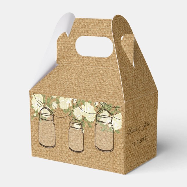 burlap ivory roses mason jar wedding favour box (Back Side)