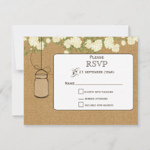 burlap ivory roses mason jars wedding RSVP Card