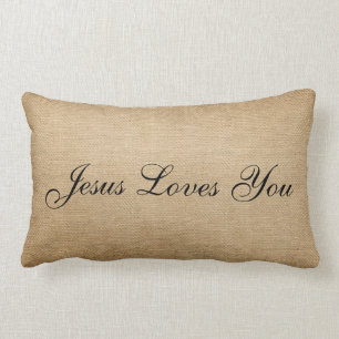 Burlap Jesus Loves You Lumbar Pillow