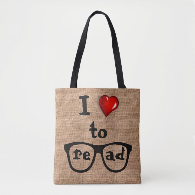 Burlap Jute I Love To Read Glasses Name Book Tote Bag (Front)