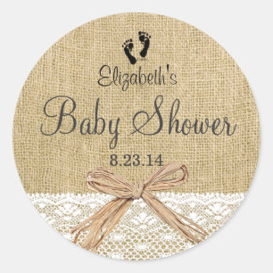Burlap Lace and Footprints Baby Shower- Favour Classic Round Sticker