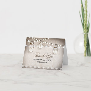 Burlap lace and mason jars thank you cards